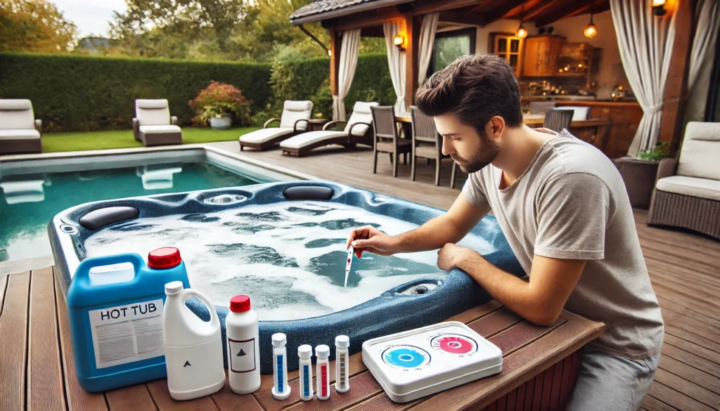 A person troubleshooting common hot tub issues, carefully inspecting a hot tub in a peaceful backyard. The water appears slightly cloudy, and the person is holding test strips to diagnose the problem. Nearby, there are bottles of chemicals and equipment for adjusting water chemistry. The setting is calm and well-maintained, with outdoor furniture and plants surrounding the hot tub.