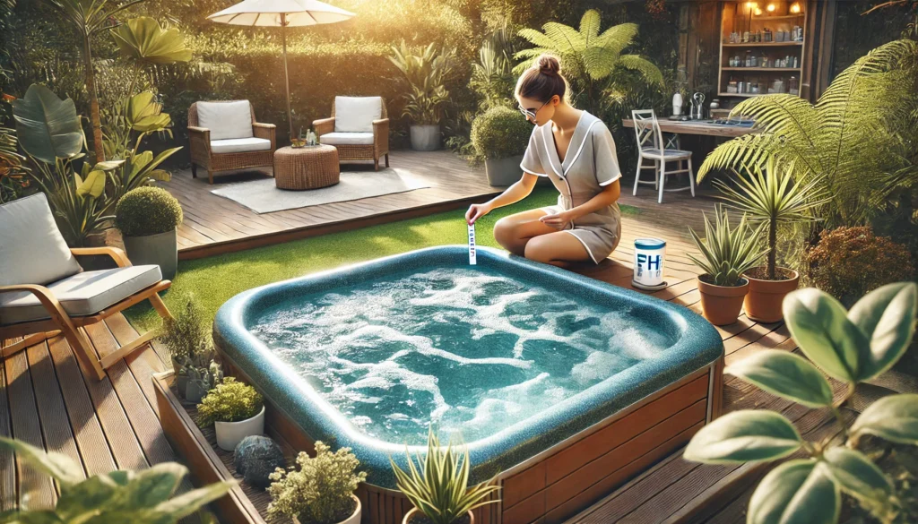 A clean and well-maintained hot tub in a peaceful backyard, with a person performing a pH test using a strip. The hot tub is bubbling slightly, surrounded by plants, outdoor seating, and greenery. The person is holding the test strip, comparing the results, and wearing a relaxed outfit suitable for backyard maintenance. The scene emphasizes balance and harmony, with clear, sparkling water reflecting the sunlight. A serene, organized atmosphere with no clutter or distractions, highlighting the scientific care for hot tub alkalinity.