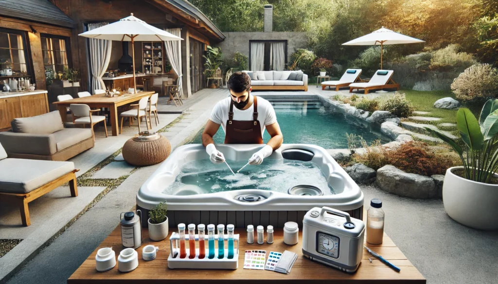 A person carefully troubleshooting a hot tub in a peaceful backyard setting. The person is wearing gloves and using tools like test strips and a pH kit to balance the hot tub’s water chemistry. The hot tub is clean, surrounded by outdoor furniture, plants, and a serene environment, symbolizing a thorough and thoughtful approach to hot tub maintenance. The atmosphere shows diligence in addressing common water chemistry issues like pH and alkalinity balance.