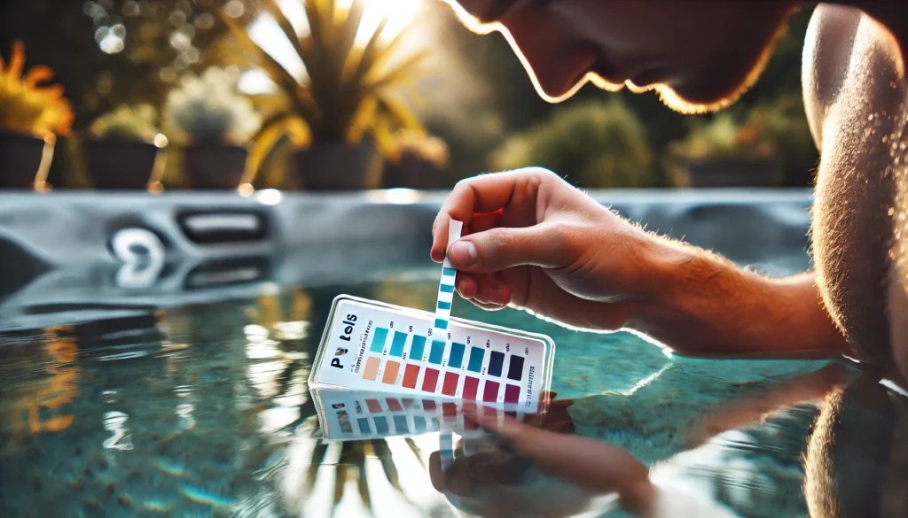 A person testing pH levels in a hot tub using a test strip, carefully comparing the color of the strip to a chart. The water in the hot tub is clear, with soft reflections of nearby plants and trees in the background. The scene is outdoors in natural light, creating a peaceful and focused moment of water maintenance.