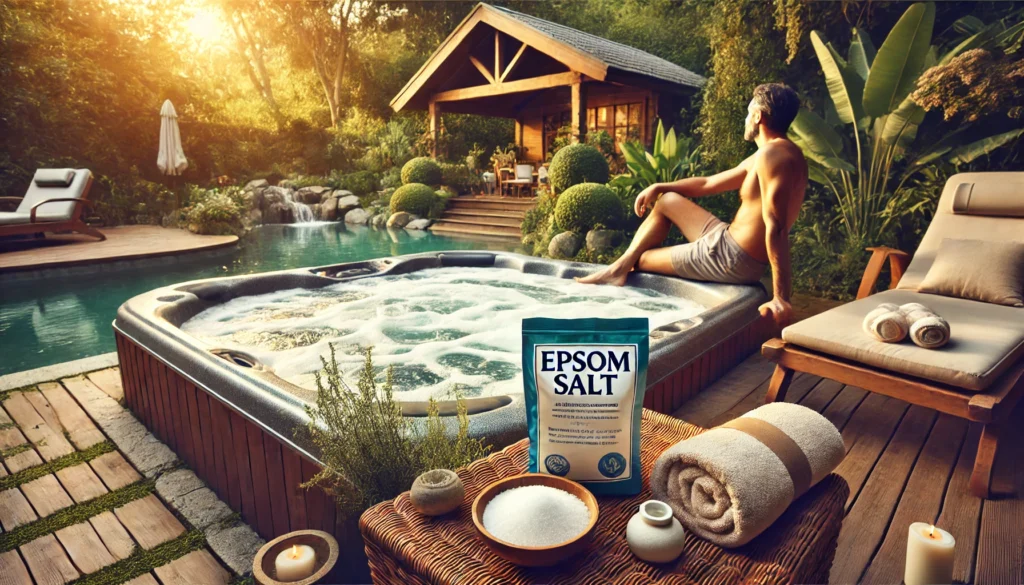 A person sitting beside a luxurious hot tub in a serene backyard, holding a bag of Epsom salt, appearing to contemplate adding it to the water. The scene features bubbling hot tub water, surrounded by lush greenery and a peaceful garden setting. The warm sunlight creates a calming atmosphere, and there are bath items and a towel nearby, enhancing the sense of relaxation. The image highlights both the temptation and risks of adding Epsom salt to a hot tub.