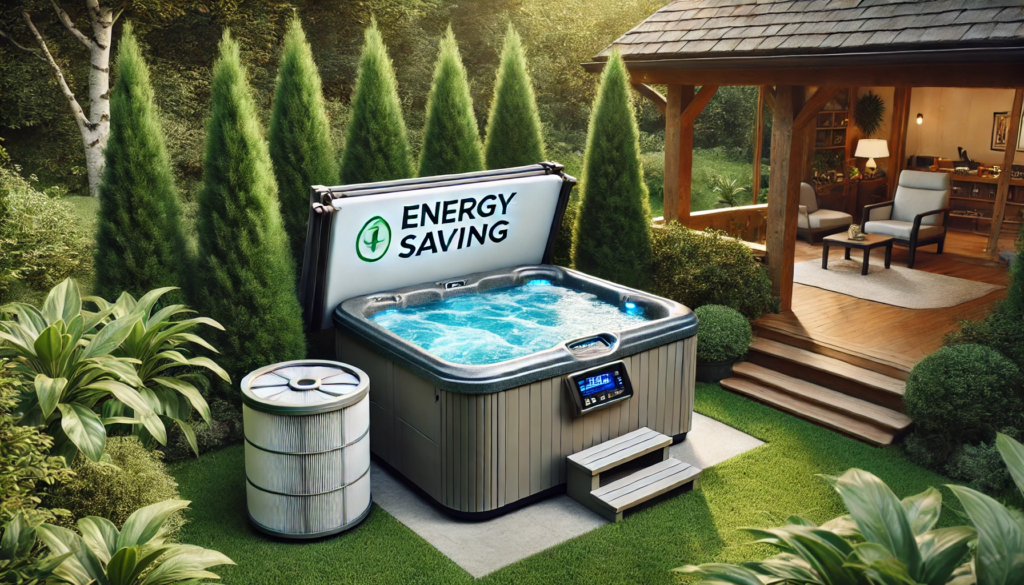 A serene backyard with a hot tub featuring an energy-efficient cover, surrounded by tall bushes providing natural shade. The hot tub's digital display shows an energy-saving mode, and a clean filter is placed nearby, emphasizing energy conservation and maintenance in a peaceful environment.