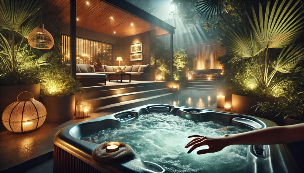 A relaxing backyard scene at dusk featuring a steamy hot tub with soft lighting and a tranquil atmosphere.