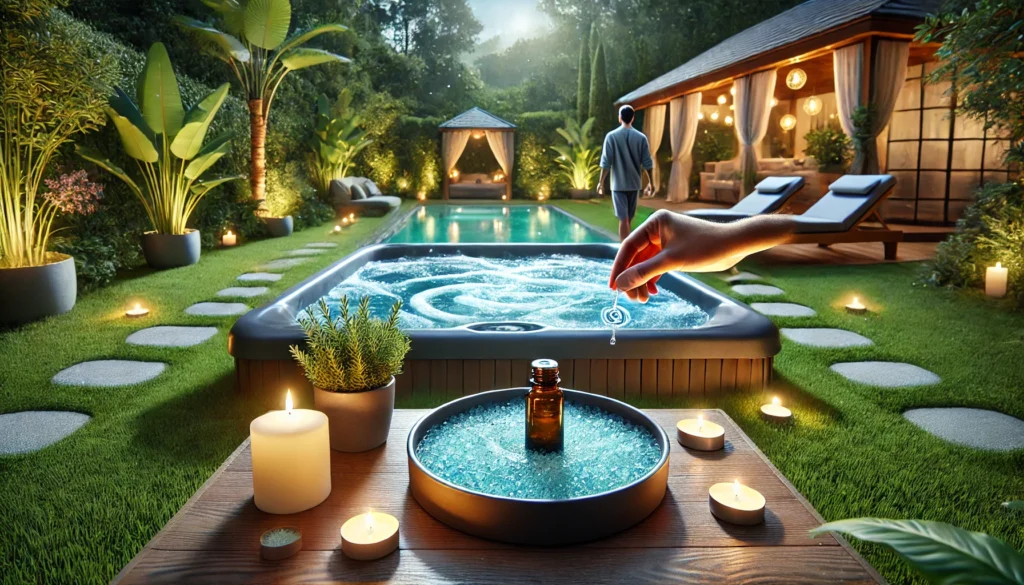 A serene backyard scene featuring a luxurious hot tub with crystal-clear water. Nearby, a person adds a drop of essential oil or hot-tub-safe minerals, creating a relaxing spa-like atmosphere. The setting is calm with floating LED lights in the water and soothing candles around the tub, giving off a soft glow. In the background, a small foot soak basin is visible, emphasizing the alternative methods for enjoying the benefits of Epsom salt safely. Lush greenery surrounds the scene, adding to the peaceful environment.