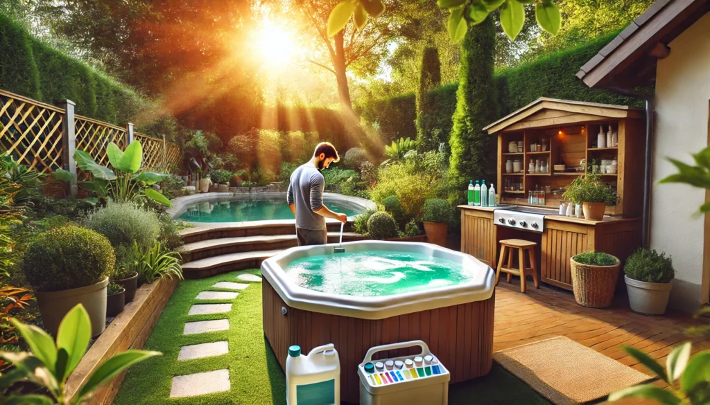 A peaceful backyard scene where a person is carefully maintaining their hot tub. The hot tub is pristine and the person is testing the water's chemical balance with test strips. The backyard is serene, surrounded by lush greenery and warm sunlight, giving the impression of a clean and well-maintained outdoor spa area. The hot tub cover is neatly set aside, and various cleaning supplies are organized nearby for easy access.