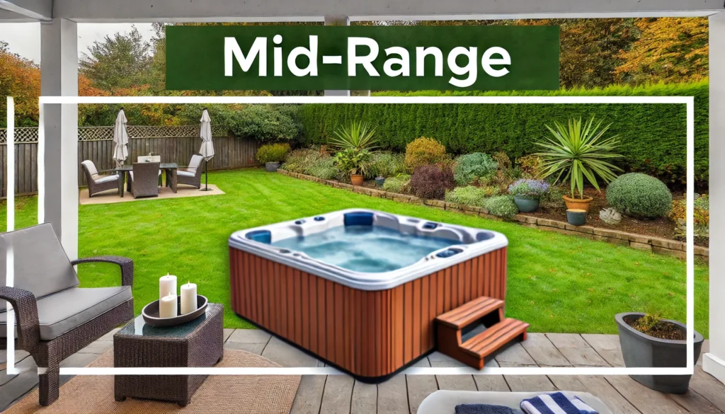 A beautiful backyard setting featuring a mid-range hot tub, surrounded by lush greenery and a cozy patio. The hot tub looks well-maintained, with warm water bubbling, candles placed around, and towels neatly folded. This image reflects the idea of a hot tub that can last 10-20 years with proper care, exuding a calm and inviting atmosphere.