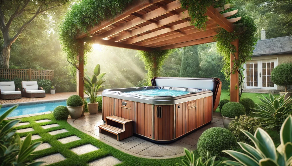 A well-maintained backyard hot tub with an acrylic shell and synthetic wood cabinet, set under a pergola. The hot tub is surrounded by lush greenery, emphasizing the importance of quality materials and proper care. The setting shows a hot tub that is durable and can withstand different climates, making it both comfortable and long-lasting.