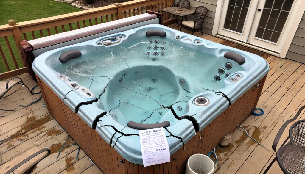 A backyard hot tub showing signs of wear, with weak water jets, cracks in the shell, and visible water leaks. The surrounding deck is slightly worn, with a utility bill resting on a nearby table, suggesting increased energy costs. The hot tub's control panel flashes error messages, and the overall scene feels like the hot tub is nearing the end of its usable life.