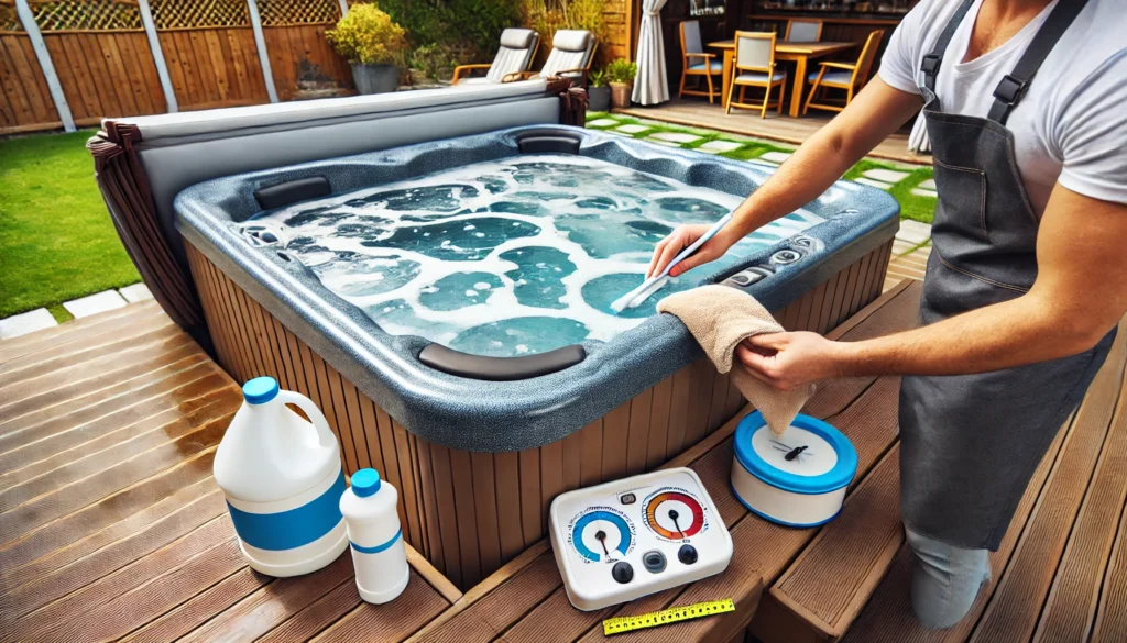 A backyard hot tub maintenance scene with a person cleaning the waterline with a soft cloth, while testing the chemical levels with strips nearby. The hot tub is covered when not in use, and a cover lifter is visible for ease of use. The surrounding area is clean and organized, with a bottle of white vinegar and water for line flushing placed nearby. The hot tub cover is in good condition, showing a well-maintained setup for long-lasting performance.