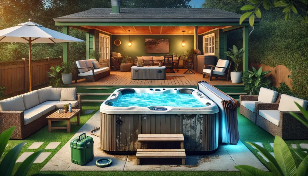 A backyard scene showing a well-used but aging hot tub with minor repairs being made. In the background, a newer, more modern hot tub model with LED lights and upgraded features is visible, highlighting the decision of whether to repair or replace. The scene is serene with greenery and patio furniture surrounding the space.