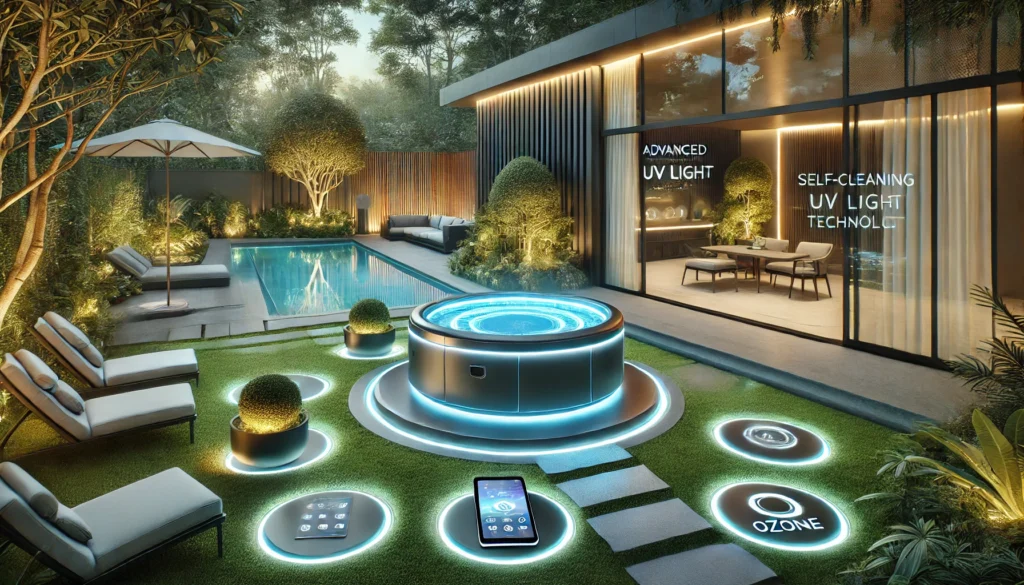 A futuristic high-tech hot tub in a modern backyard, featuring advanced smartphone control, sleek contemporary design, LED lighting, and self-cleaning UV light and ozone technology, set amidst a serene, landscaped garden with modern furniture and lush greenery. The scene is bathed in soft ambient light, evoking a relaxing and luxurious atmosphere.