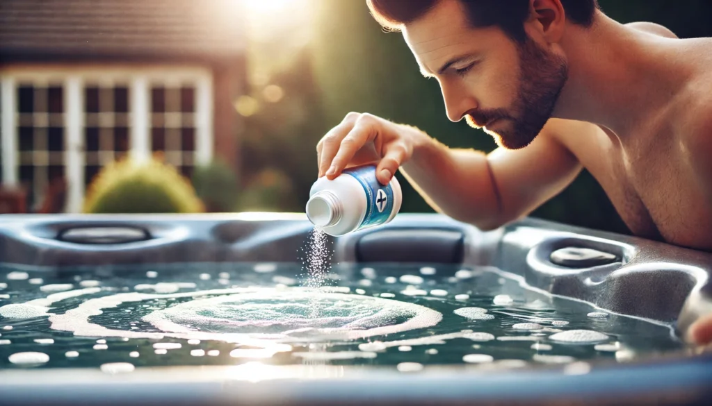 A person carefully adding a pH increaser to a hot tub to balance water chemistry.