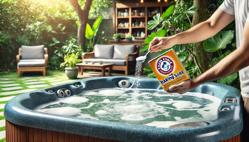 A person using baking soda to raise the pH in a hot tub. The baking soda is being sprinkled into the water with the jets running, and the water surface is bubbling lightly. The scene is set outdoors, with surrounding plants and the hot tub placed in a cozy backyard space. Sunlight filters through the trees, giving a serene atmosphere.