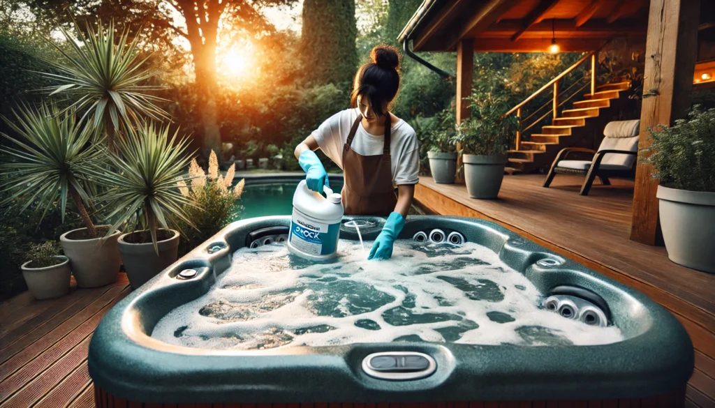 A person carefully shocking their hot tub with non-chlorine shock treatment. The person is wearing gloves and adding the shock treatment to the bubbling water with jets running. The hot tub is placed in a lush backyard, surrounded by plants and a wooden deck. The sun is low, casting a warm, calming glow over the scene.