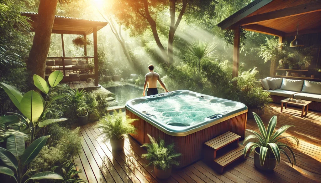 A peaceful backyard setting with a person running the jets of a hot tub. The water is clear and bubbling, creating a soothing atmosphere. Plants and trees surround the area, and the hot tub sits on a clean wooden deck. The scene is tranquil with soft sunlight filtering through the trees, adding warmth and relaxation to the moment.