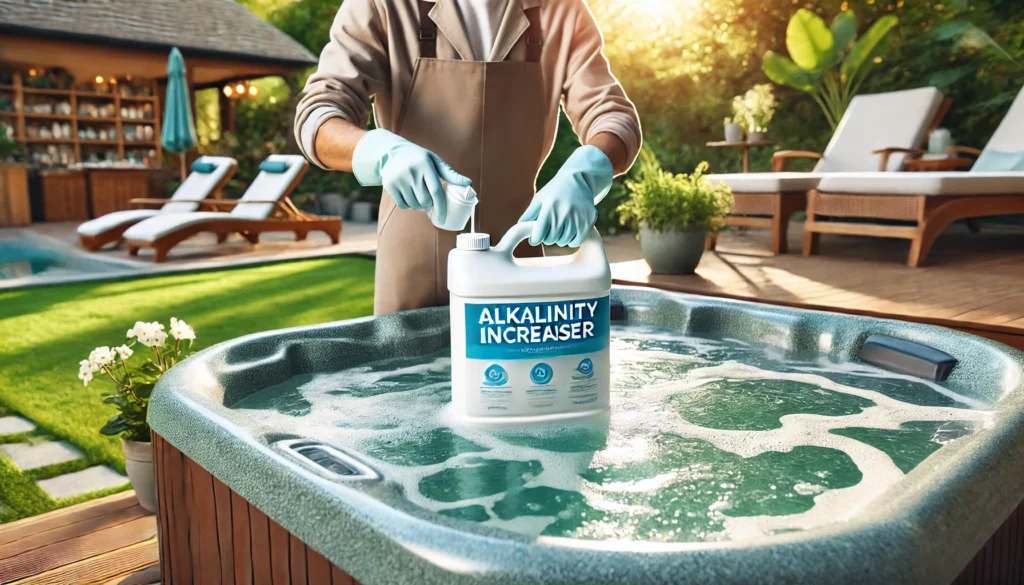 A person carefully adding alkalinity increaser to a hot tub, wearing gloves and standing beside the tub. The hot tub is in a serene backyard, with plants and outdoor furniture around. The setting is peaceful and clean, with the hot tub water sparkling under sunlight, showing the process of balancing water chemistry.