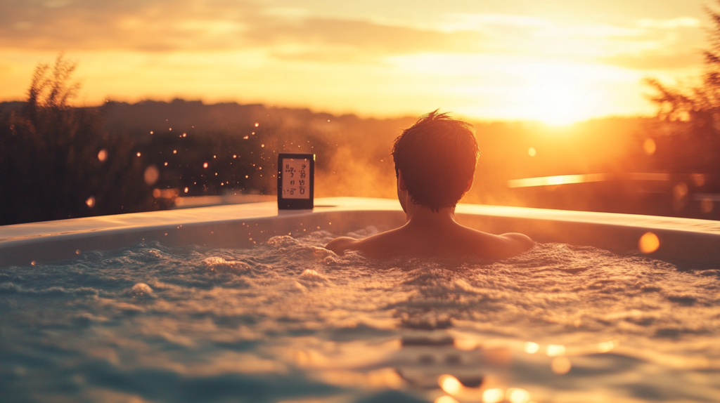 Person relaxing in a cool hot tub with a summer evening backdrop and a visible thermometer.