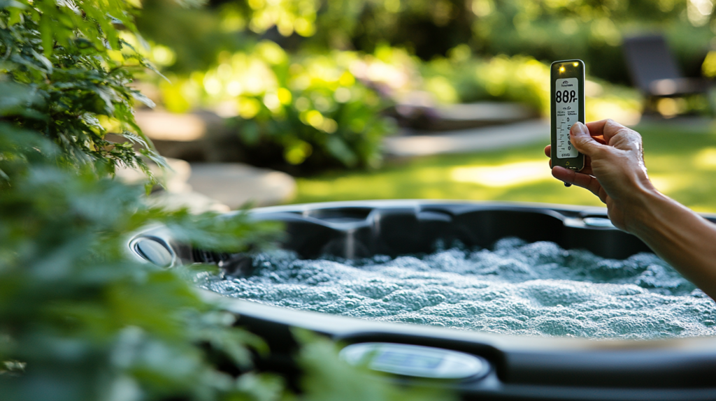 Person with a surprised look, holding a thermometer at 104°F beside a hot tub, surrounded by summer greenery. An infographic highlights ideal temperature (85°F to 95°F), energy savings, and safety.